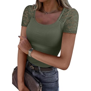 image:imageANRABESS Womens Short Sleeve Shirts Scoop Neck Lace Going Out Tops Slim Fit Rib Knit Casual Tee 2026 Summer Fashion OutfitsArmy Green