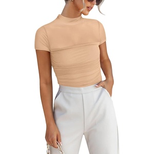 image:imageANRABESS Womens Summer Sexy Mock Turtle Neck Short Sleeve Tops Sheer Mesh Shirts Slim Blouse Trendy Ruched Going Out OutfitsApricot
