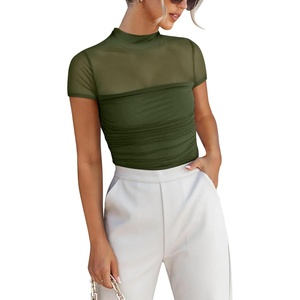 image:imageANRABESS Womens Summer Sexy Mock Turtle Neck Short Sleeve Tops Sheer Mesh Shirts Slim Blouse Trendy Ruched Going Out OutfitsArmy Green