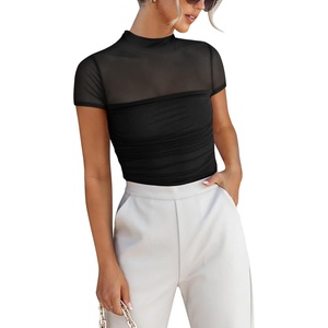 image:imageANRABESS Womens Summer Sexy Mock Turtle Neck Short Sleeve Tops Sheer Mesh Shirts Slim Blouse Trendy Ruched Going Out OutfitsBlack