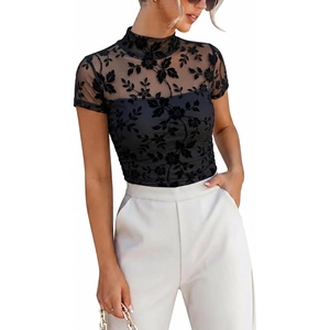 image:imageANRABESS Womens Summer Sexy Mock Turtle Neck Short Sleeve Tops Sheer Mesh Shirts Slim Blouse Trendy Ruched Going Out OutfitsBlack Floral