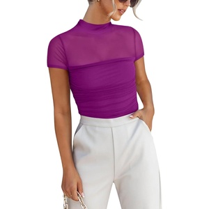 image:imageANRABESS Womens Summer Sexy Mock Turtle Neck Short Sleeve Tops Sheer Mesh Shirts Slim Blouse Trendy Ruched Going Out OutfitsBurgundy