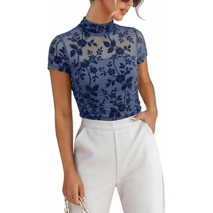 image:imageANRABESS Womens Summer Sexy Mock Turtle Neck Short Sleeve Tops Sheer Mesh Shirts Slim Blouse Trendy Ruched Going Out OutfitsDusty Blue Floral