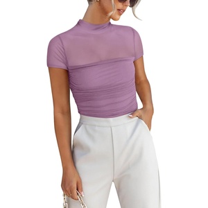 image:imageANRABESS Womens Summer Sexy Mock Turtle Neck Short Sleeve Tops Sheer Mesh Shirts Slim Blouse Trendy Ruched Going Out OutfitsGray Purple