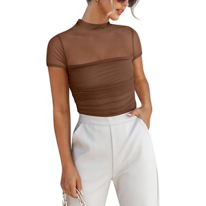 image:imageANRABESS Womens Summer Sexy Mock Turtle Neck Short Sleeve Tops Sheer Mesh Shirts Slim Blouse Trendy Ruched Going Out OutfitsMocha