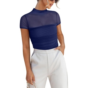 image:imageANRABESS Womens Summer Sexy Mock Turtle Neck Short Sleeve Tops Sheer Mesh Shirts Slim Blouse Trendy Ruched Going Out OutfitsNavy Blue