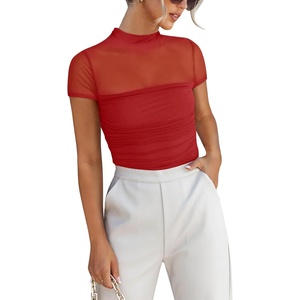 image:imageANRABESS Womens Summer Sexy Mock Turtle Neck Short Sleeve Tops Sheer Mesh Shirts Slim Blouse Trendy Ruched Going Out OutfitsRed