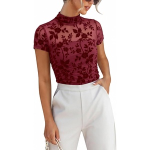 image:imageANRABESS Womens Summer Sexy Mock Turtle Neck Short Sleeve Tops Sheer Mesh Shirts Slim Blouse Trendy Ruched Going Out OutfitsRed Floral