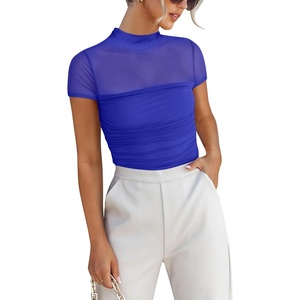 image:imageANRABESS Womens Summer Sexy Mock Turtle Neck Short Sleeve Tops Sheer Mesh Shirts Slim Blouse Trendy Ruched Going Out OutfitsRoyal Blue
