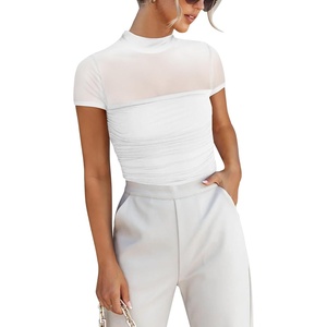 image:imageANRABESS Womens Summer Sexy Mock Turtle Neck Short Sleeve Tops Sheer Mesh Shirts Slim Blouse Trendy Ruched Going Out OutfitsWhite