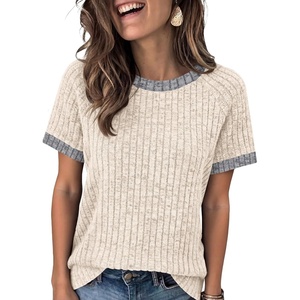 image:imageANRABESS Womens Tops Summer Short Sleeve Shirts Dressy Casual Color Block Work Blouse 2026 Spring Trendy Lightweight SweaterBeige