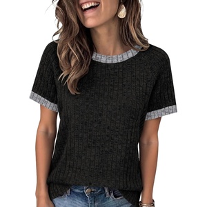 image:imageANRABESS Womens Tops Summer Short Sleeve Shirts Dressy Casual Color Block Work Blouse 2026 Spring Trendy Lightweight SweaterBlack