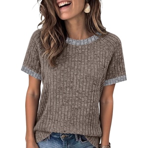 image:imageANRABESS Womens Tops Summer Short Sleeve Shirts Dressy Casual Color Block Work Blouse 2026 Spring Trendy Lightweight SweaterCoffee