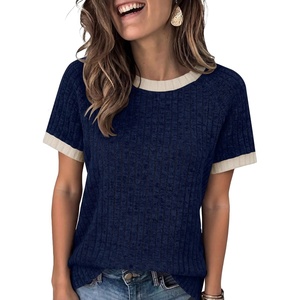 image:imageANRABESS Womens Tops Summer Short Sleeve Shirts Dressy Casual Color Block Work Blouse 2026 Spring Trendy Lightweight SweaterDeep Blue