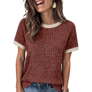 image:imageANRABESS Womens Tops Summer Short Sleeve Shirts Dressy Casual Color Block Work Blouse 2026 Spring Trendy Lightweight SweaterRust