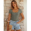 image:imageANRABESS Bodysuits for Women Short Sleeve Scoop Neck Tops 2026 Summer Slim Fit Ribbed Knit Sexy Basic Shirt Fashion OutfitsArmy Green
