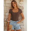 image:imageANRABESS Bodysuits for Women Short Sleeve Scoop Neck Tops 2026 Summer Slim Fit Ribbed Knit Sexy Basic Shirt Fashion OutfitsCoffee