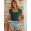 image:imageANRABESS Bodysuits for Women Short Sleeve Scoop Neck Tops 2026 Summer Slim Fit Ribbed Knit Sexy Basic Shirt Fashion OutfitsDeep Green