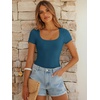 image:imageANRABESS Bodysuits for Women Short Sleeve Scoop Neck Tops 2026 Summer Slim Fit Ribbed Knit Sexy Basic Shirt Fashion OutfitsIndigo