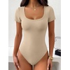 image:imageANRABESS Womens Bodysuits Scoop Neck Short Sleeve Basic Body Suits Slim Fit Soft Going Out Top for Travel Work DailyAlmond