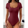 image:imageANRABESS Womens Bodysuits Scoop Neck Short Sleeve Basic Body Suits Slim Fit Soft Going Out Top for Travel Work DailyWine Red
