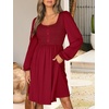 image:imageANRABESS Womens Long Lantern Sleeve Dresses 2026 Spring Casual Smocked High Waist Flowy Short Dress with Pockets TrendyDeep Red
