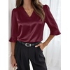 image:imageANRABESS Womens Satin V Neck 34 Ruffle Sleeve Blouse Shirts  Silky Soft Tops Pleated Ruched Shoulders Business Casual Work Office Outfits Dressy Elegant Summer Fall WearWine Red