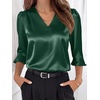 image:imageANRABESS Womens Satin V Neck 34 Ruffle Sleeve Blouse Shirts  Silky Soft Tops Pleated Ruched Shoulders Business Casual Work Office Outfits Dressy Elegant Summer Fall WearDeep Green