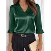 image:imageANRABESS Womens Satin V Neck 34 Ruffle Sleeve Blouse Shirts  Silky Soft Tops Pleated Ruched Shoulders Business Casual Work Office Outfits Dressy Elegant Summer Fall WearDeep Green