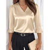 image:imageANRABESS Womens Satin V Neck 34 Ruffle Sleeve Blouse Shirts  Silky Soft Tops Pleated Ruched Shoulders Business Casual Work Office Outfits Dressy Elegant Summer Fall WearBeige