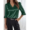 image:imageANRABESS Womens Satin V Neck 34 Ruffle Sleeve Blouse Shirts  Silky Soft Tops Pleated Ruched Shoulders Business Casual Work Office Outfits Dressy Elegant Summer Fall WearDeep Green