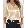 image:imageANRABESS Womens Satin V Neck 34 Ruffle Sleeve Blouse Shirts  Silky Soft Tops Pleated Ruched Shoulders Business Casual Work Office Outfits Dressy Elegant Summer Fall WearBeige