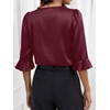 image:imageANRABESS Womens Satin V Neck 34 Ruffle Sleeve Blouse Shirts  Silky Soft Tops Pleated Ruched Shoulders Business Casual Work Office Outfits Dressy Elegant Summer Fall WearWine Red