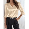 image:imageANRABESS Womens Satin V Neck 34 Ruffle Sleeve Blouse Shirts  Silky Soft Tops Pleated Ruched Shoulders Business Casual Work Office Outfits Dressy Elegant Summer Fall WearBeige