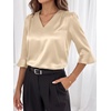 image:imageANRABESS Womens Satin V Neck 34 Ruffle Sleeve Blouse Shirts  Silky Soft Tops Pleated Ruched Shoulders Business Casual Work Office Outfits Dressy Elegant Summer Fall WearBeige