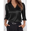 image:imageANRABESS Womens Satin V Neck 34 Ruffle Sleeve Blouse Shirts  Silky Soft Tops Pleated Ruched Shoulders Business Casual Work Office Outfits Dressy Elegant Summer Fall WearBlack