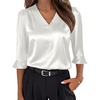 image:imageANRABESS Womens Satin V Neck 34 Ruffle Sleeve Blouse Shirts  Silky Soft Tops Pleated Ruched Shoulders Business Casual Work Office Outfits Dressy Elegant Summer Fall WearWhite