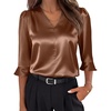 image:imageANRABESS Womens Satin V Neck 34 Ruffle Sleeve Blouse Shirts  Silky Soft Tops Pleated Ruched Shoulders Business Casual Work Office Outfits Dressy Elegant Summer Fall WearBrown