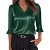 image:imageANRABESS Womens Satin V Neck 34 Ruffle Sleeve Blouse Shirts  Silky Soft Tops Pleated Ruched Shoulders Business Casual Work Office Outfits Dressy Elegant Summer Fall WearDeep Green