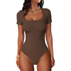 image:imageANRABESS Bodysuits for Women Short Sleeve Scoop Neck Tops 2026 Summer Slim Fit Ribbed Knit Sexy Basic Shirt Fashion OutfitsCoffee