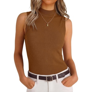 image:imageANRABESS Mock Neck Tank Tops Sweaters Wool Blend Sleeveless Soft Fitted Business Casual Sweater Shirts Summer Fall ClothesDark Caramel
