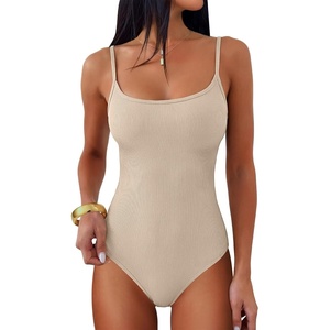 image:imageANRABESS Women Bodysuits Square Neck Spaghetti Straps Sleeveless Cami Top Summer Backless Ribbed Knit Basic Body SuitsAlmond