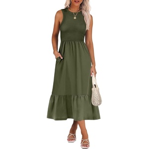 image:imageANRABESS Women Midi Dresses 2026 Summer Casual Sleeveless Sundress High Neck Tank Top Racerback Flowy Beach Dress  PocketsArmy Green