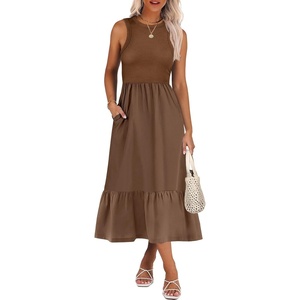 image:imageANRABESS Women Midi Dresses 2026 Summer Casual Sleeveless Sundress High Neck Tank Top Racerback Flowy Beach Dress  PocketsBrown