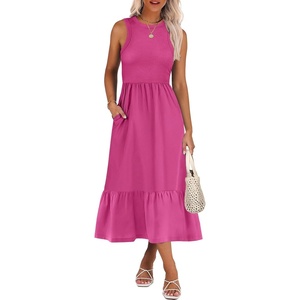 image:imageANRABESS Women Midi Dresses 2026 Summer Casual Sleeveless Sundress High Neck Tank Top Racerback Flowy Beach Dress  PocketsHot Pink