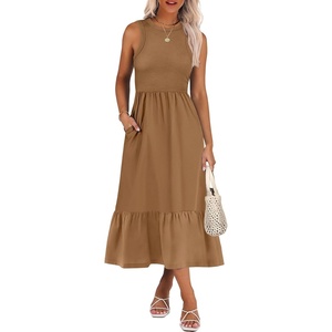 image:imageANRABESS Women Midi Dresses 2026 Summer Casual Sleeveless Sundress High Neck Tank Top Racerback Flowy Beach Dress  PocketsLight Brown