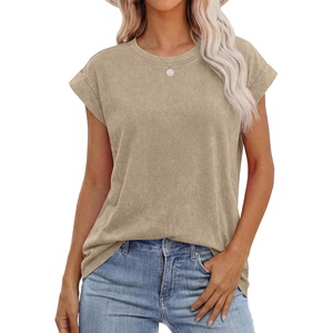 image:imageANRABESS Womens Acid Washed TShirt Cap Sleeve Vintage Casual Crew Neck Tops Summer Basic Tee 2026 Fashion ClothingBeige