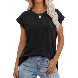 image:imageANRABESS Womens Acid Washed TShirt Cap Sleeve Vintage Casual Crew Neck Tops Summer Basic Tee 2026 Fashion ClothingBlack