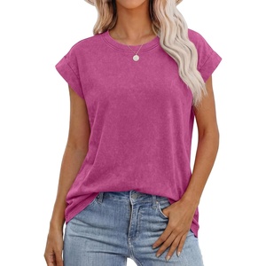 image:imageANRABESS Womens Acid Washed TShirt Cap Sleeve Vintage Casual Crew Neck Tops Summer Basic Tee 2026 Fashion ClothingHot Pink