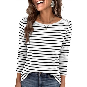 image:imageANRABESS Womens Boat Neck 34 Sleeve Top Summer Fall Fashion T Shirts  Soft Stretchy Breathable Tee StripedSolidPrinted Options Casual amp Work Wear Travel Vacation Outfits AllSeason ClothingBlack White Stripe